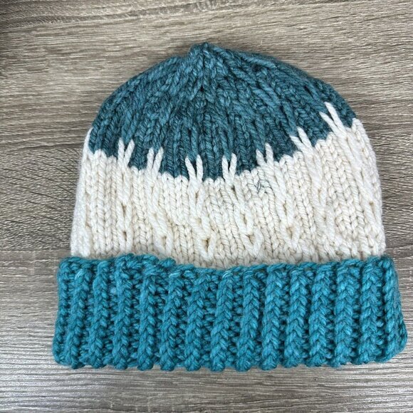 Handmade Unisex New Teal Cream Cable Knit Colorblock Winter Beanie Hat M/L - Picture 6 of 9